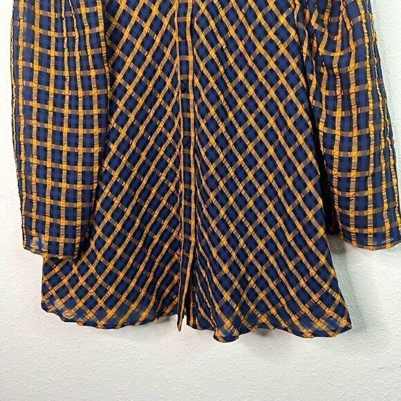 Eva Franco Anthropologie Top Blouse Blue Textured Plaid Puff Sleeve Size 12 - Picture 3 of 13